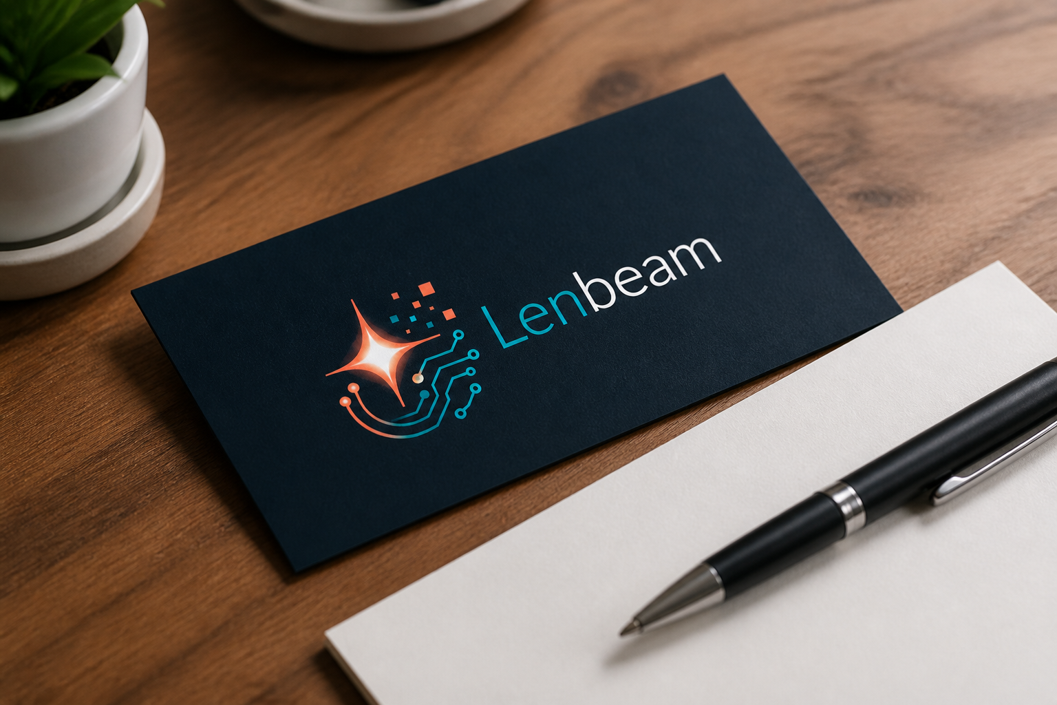 Lenbeam business card and stationery on a wooden desk