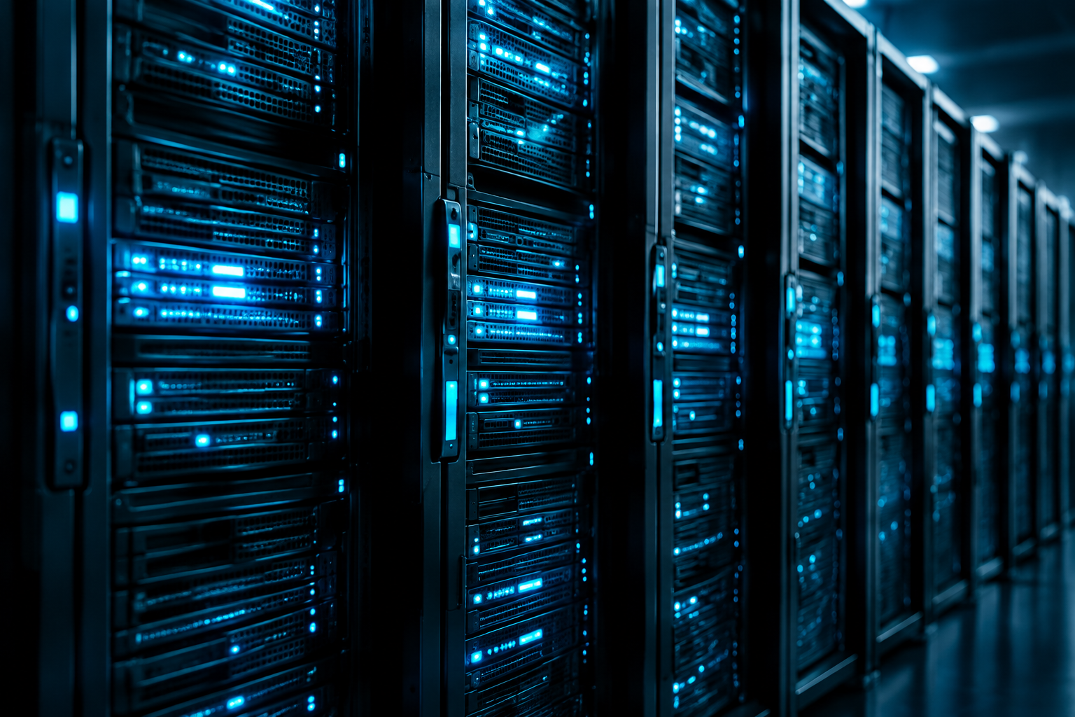 Server racks illuminated by aqua lights