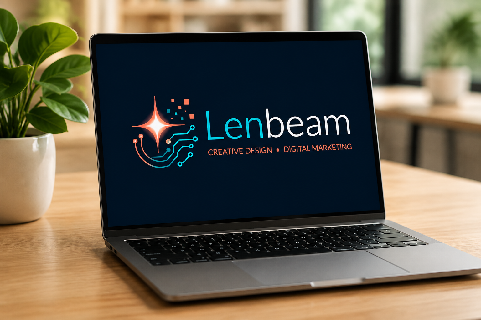 A laptop displaying Lenbeam’s brand on a sunlit desk